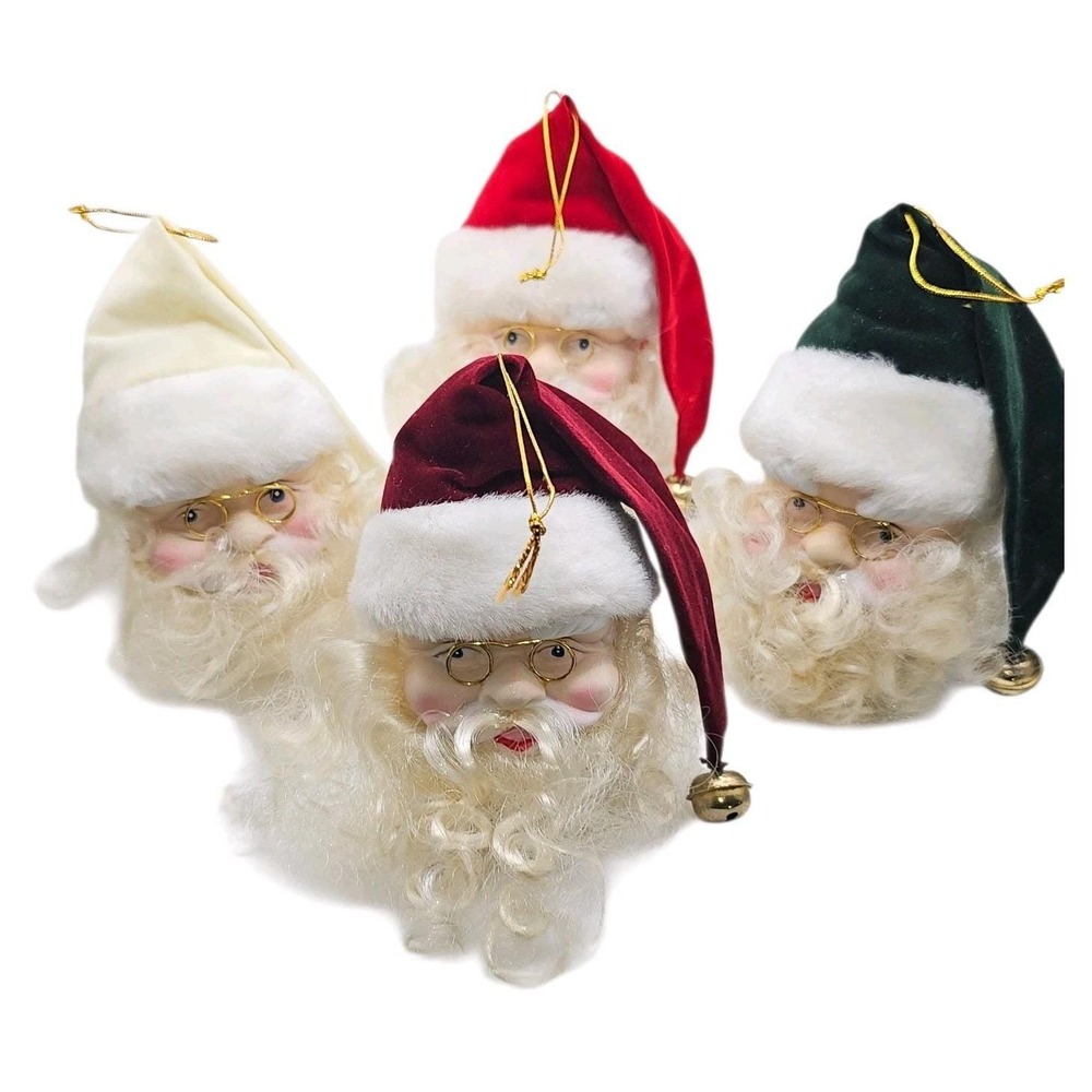 VTG Porcelain Santa Head Christmas Ornament Velvet Hat Curly Beard Lot Of 18‎